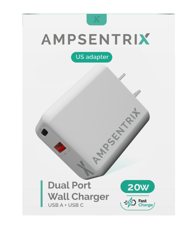 
            
                Load image into Gallery viewer, 2 PORT - 20W USB C/A WALL POWER ADAPTER (AMPSENTRIX)
            
        